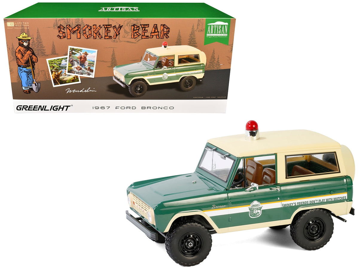 1967 Ford Bronco "Smokey Bear Forest Ranger" Green and Cream with White Stripes "Artisan Collection" 1/18 Diecast Model Car by Greenlight W2B