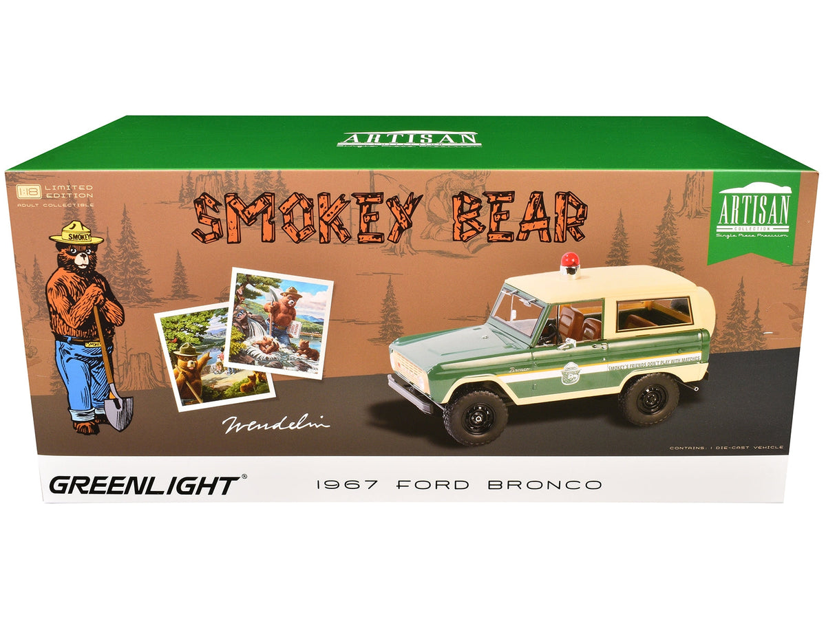1967 Ford Bronco "Smokey Bear Forest Ranger" Green and Cream with White Stripes "Artisan Collection" 1/18 Diecast Model Car by Greenlight W2B