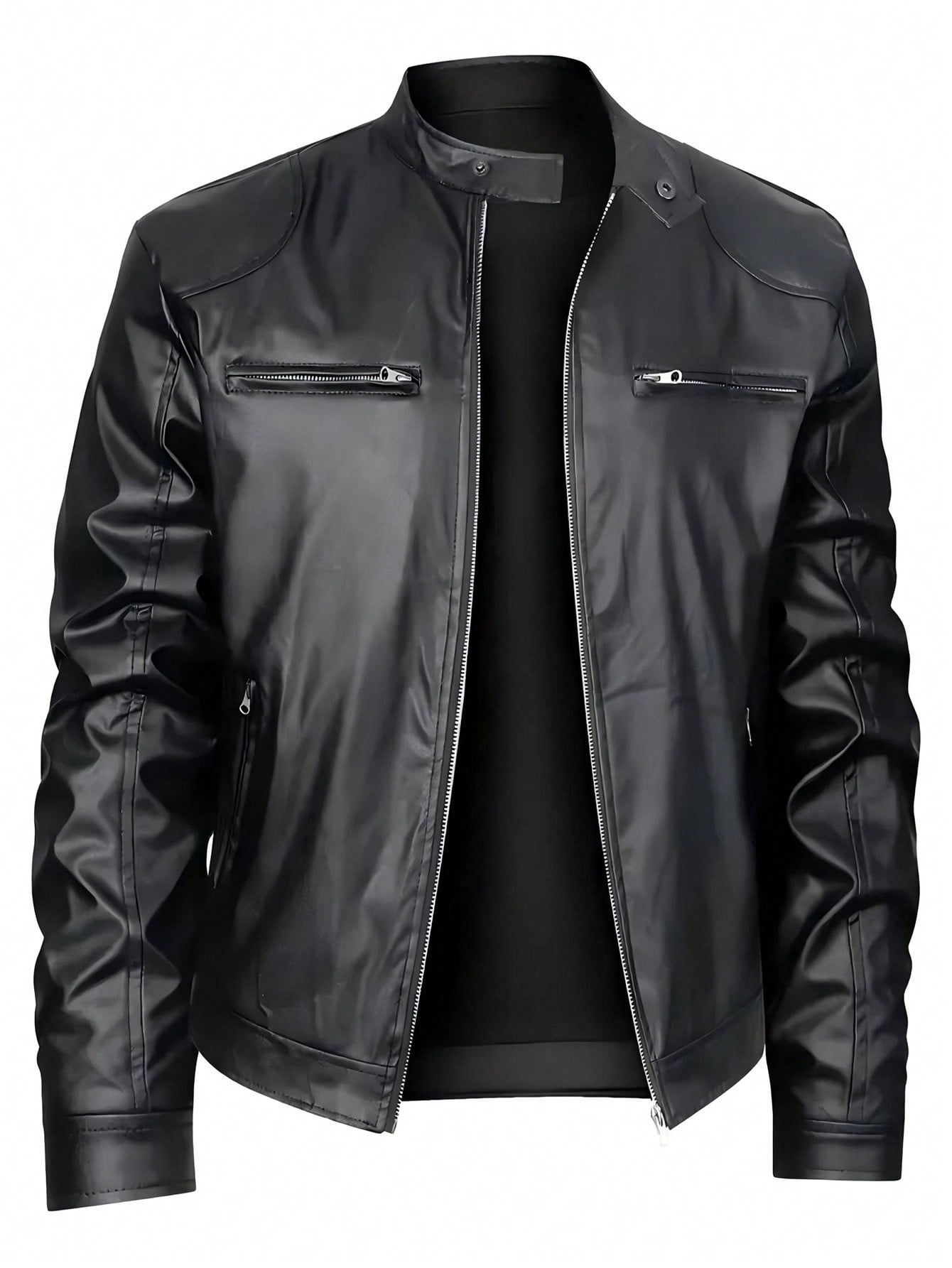 Men's Stand-up Collar Leather Jacket Business Casual Jacket Accent Plus