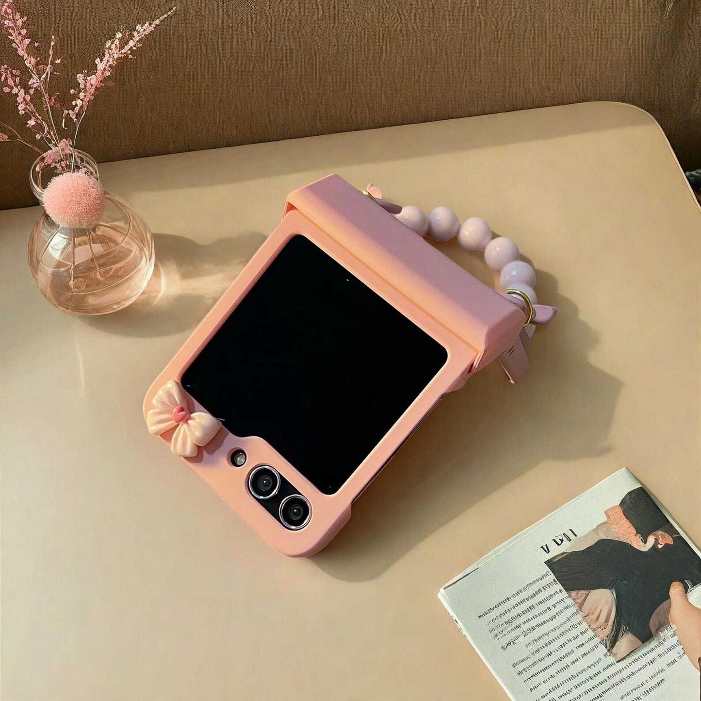 Cute Bow Bracelet Chain Case for Samsung Galaxy Z Flip 6 5 4 3 - Hinge Protection & Stylish Cover, Fits Z Flip 5 Flip 6 W2B