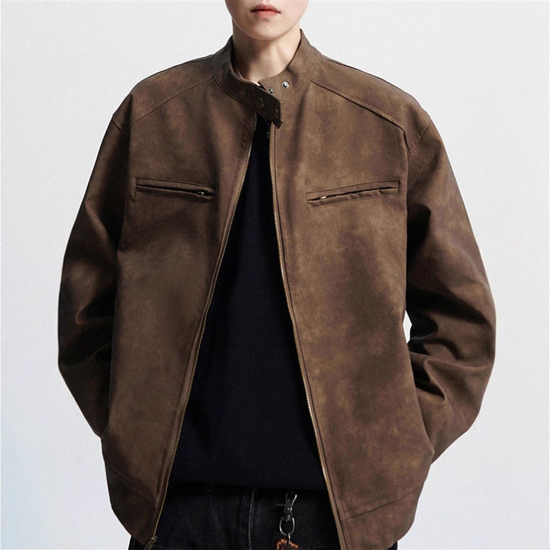 Vintage Brown Motorcycle Leather Autumn Merard Stand-up Collar Distressed Coat Best YouTube Store