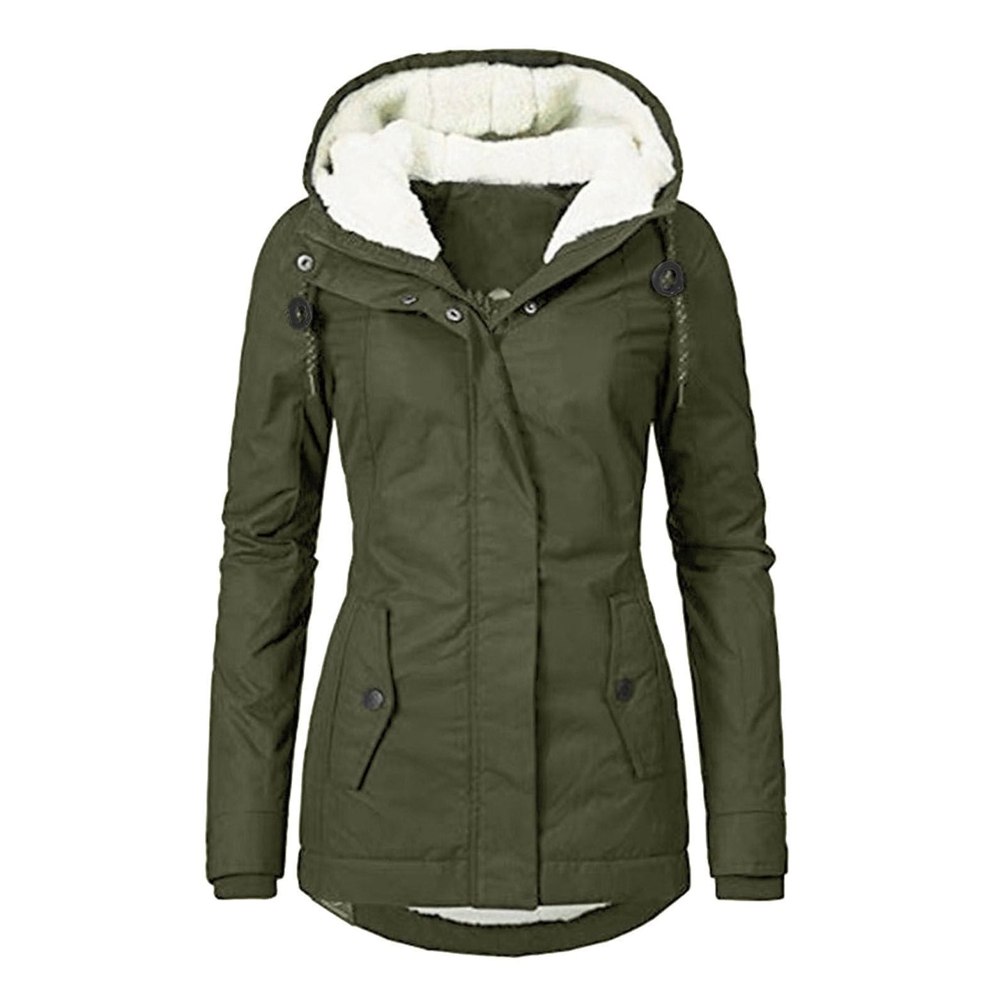 Winter Hooded Jacket Solid Color Warm Buckle Zip-up Fleece Jacket With Pockets Women's Casual Jacket Best YouTube Store
