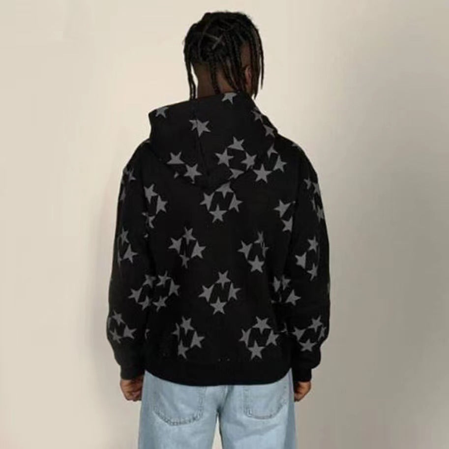 Stars Printed Zipper Hooded Cardigan Couple Fashion Outerwear Hoodies Sweatshirt Street Men Women Coat Accent Plus