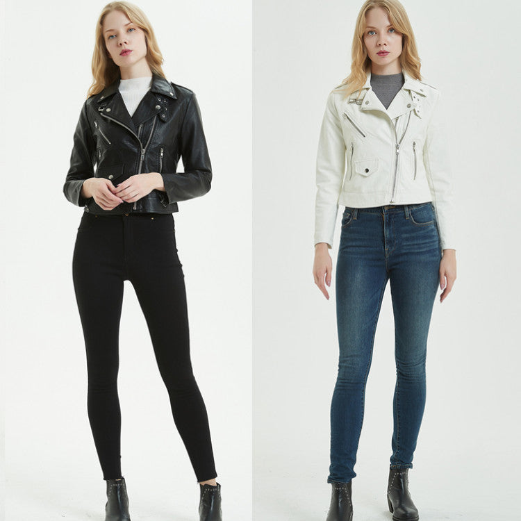 Women's PU Leather Motorcycle Jacket - European & American Style Short Biker Jacket (Black/White, Sizes S-XL LadyShow.Store