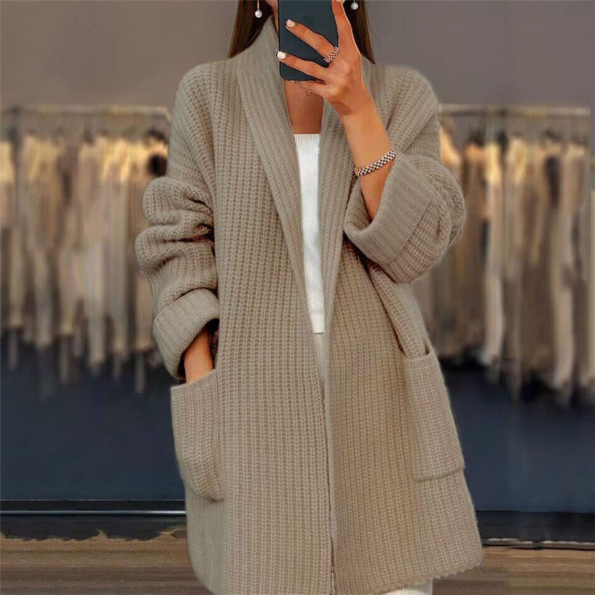 Lapel Knitted Cardigan With Pockets Fashion Casual Loose Sweater Jacket Fall Spring Women's Clothing LadyShow.Store