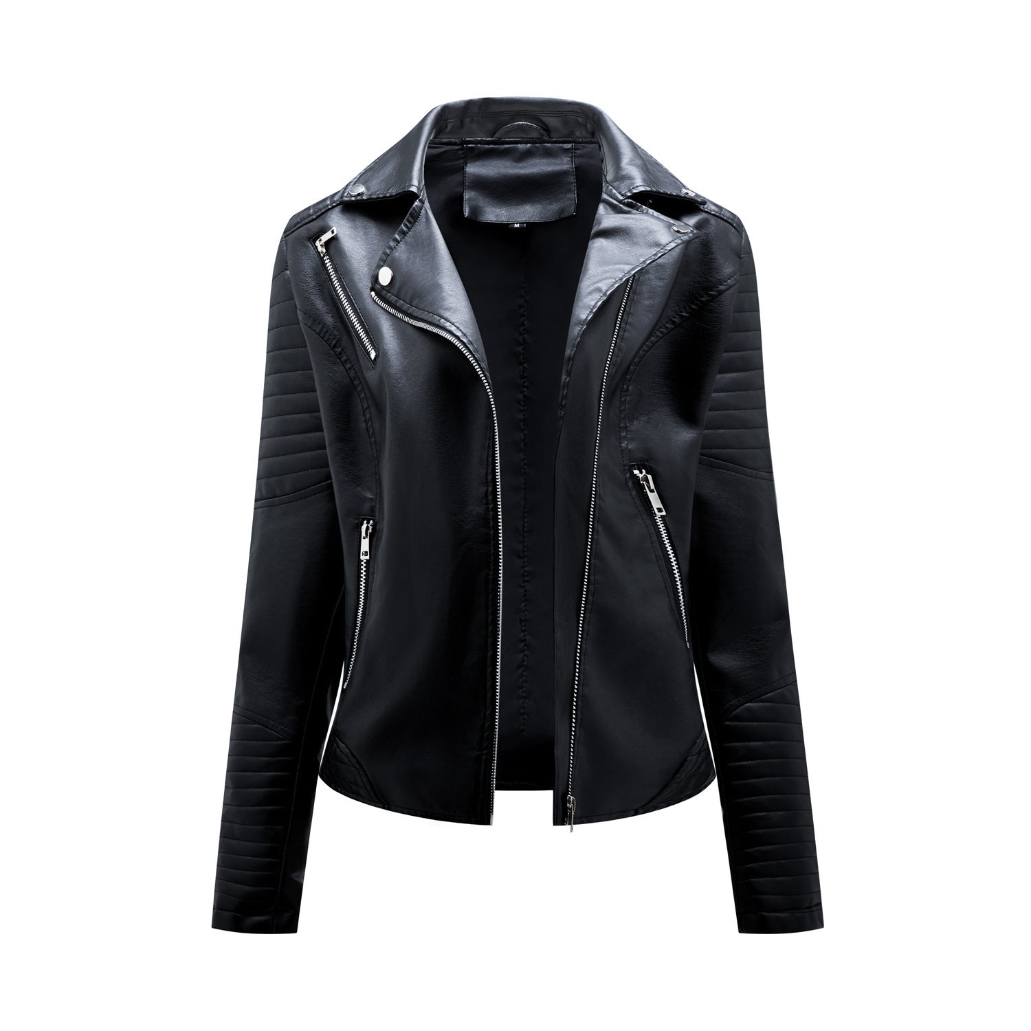Short Leather Jacket Women's Lapel Motorcycle Oblique Zipper Jacket LadyShow.Store