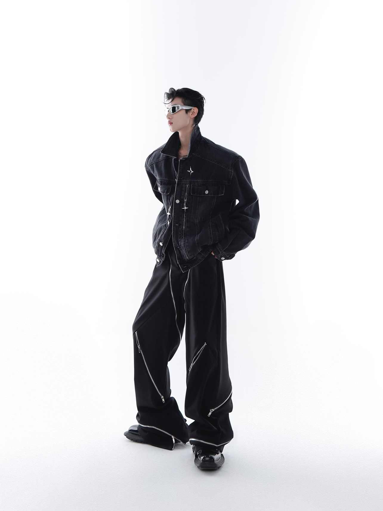 Heavy Washed Padded Shoulder Denim Coat Metal Zipper Jacket LadyShow.Store