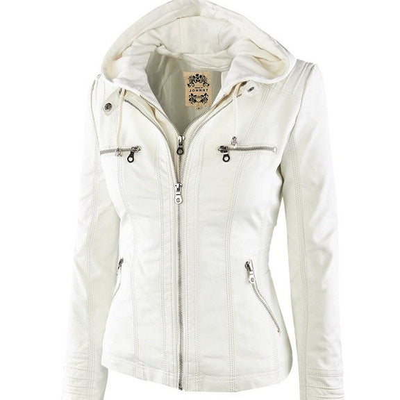 Women's Detachable Lapel Long Sleeve Solid Color Zipper Leather Jacket Coat LadyShow.Store
