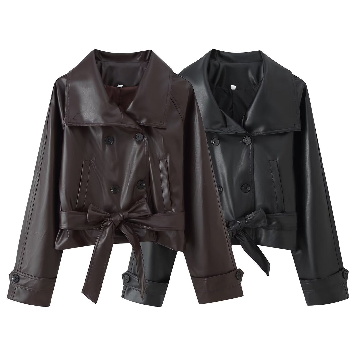 Trendy Wild Two-color Double Breasted Short Lace Up Leather Coat LadyShow.Store