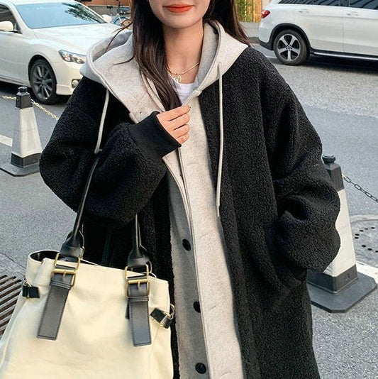Long Hooded Dress Coat Lambswool All-match Loose Fashionable Jacket Accent Plus