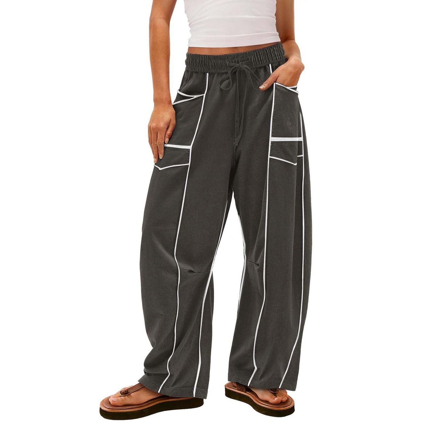 Y2K Black Striped Wide-leg Pants With Pockets Fashion Loose Drawstring Trousers Sports Sweatpants Women's Clothing LadyShow.Store