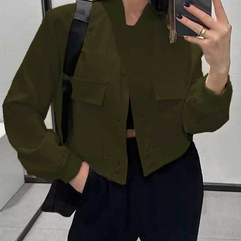 Fashion Button Stand-collar Jacket With Big Pockets Casual Loose Short Outwear Tops Coat For Women Clothing Accent Plus