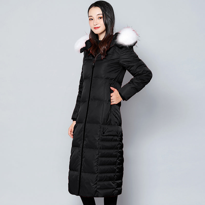 Hooded Padded Jacket with Fur Collar and Color Block Pi-Mart