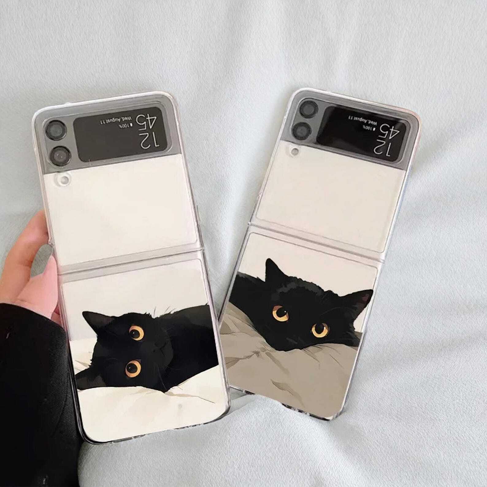 Cute Cartoon Black Cat Clear Case for Samsung Galaxy Z Flip 6/5/4/3 - Transparent Protective Cover with Adorable Design and Durable Shell W2B