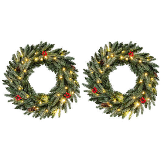 24"  Pre-lit Christmas Wreath Set of 2 Front Door Artificial Xmas Wreath with 90 Frosted Branch Tips W2B