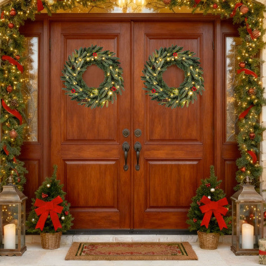 24"  Pre-lit Christmas Wreath Set of 2 Front Door Artificial Xmas Wreath with 90 Frosted Branch Tips W2B
