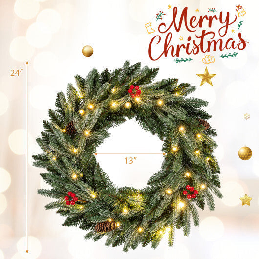 24"  Pre-lit Christmas Wreath Set of 2 Front Door Artificial Xmas Wreath with 90 Frosted Branch Tips W2B