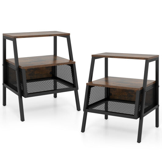 Industrial Nightstand 3-Tier End Table Set of 2 with 2 Open Shelves and Metal Mesh Compartment-Rustic Brown W2B