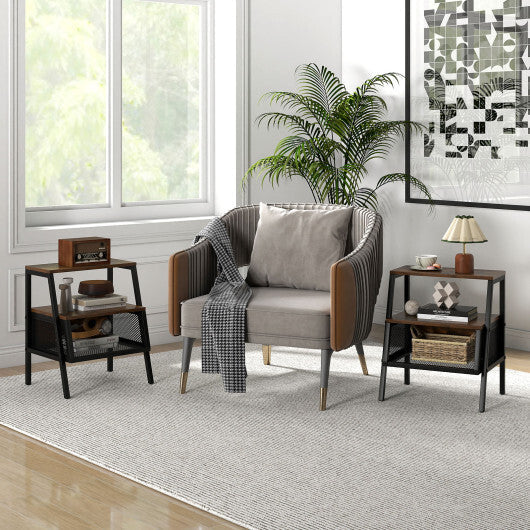 Industrial Nightstand 3-Tier End Table Set of 2 with 2 Open Shelves and Metal Mesh Compartment-Rustic Brown W2B