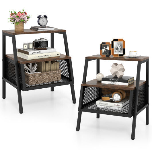 Industrial Nightstand 3-Tier End Table Set of 2 with 2 Open Shelves and Metal Mesh Compartment-Rustic Brown W2B