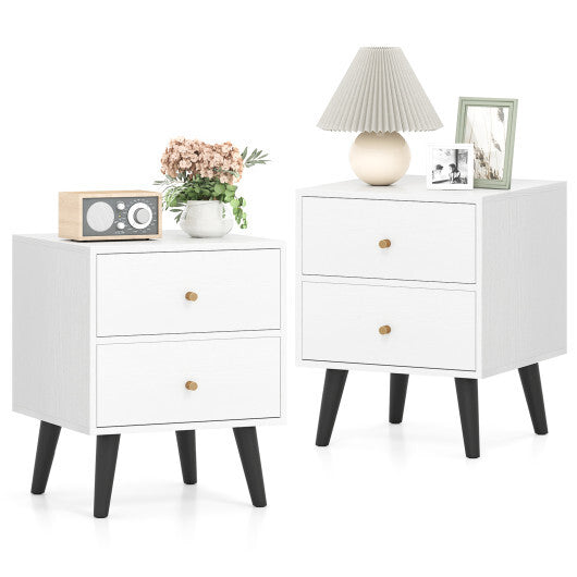 Nightstand Set of 2 Mid Century Modern Bedside Table with Golden Knobs and Raised Support Legs W2B