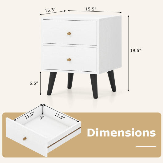 Nightstand Set of 2 Mid Century Modern Bedside Table with Golden Knobs and Raised Support Legs W2B