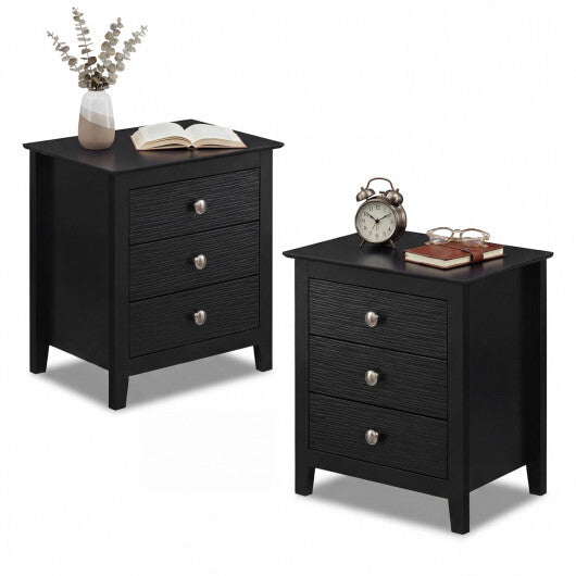 Modern Farmhouse 3-Drawer Night Stand with Wood Grain Accents for Bedroom-Black W2B