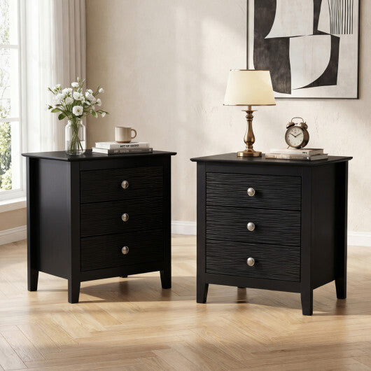 Modern Farmhouse 3-Drawer Night Stand with Wood Grain Accents for Bedroom-Black W2B