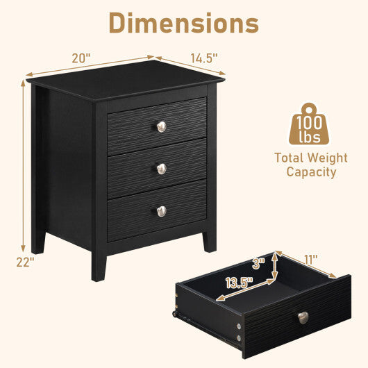 Modern Farmhouse 3-Drawer Night Stand with Wood Grain Accents for Bedroom-Black W2B