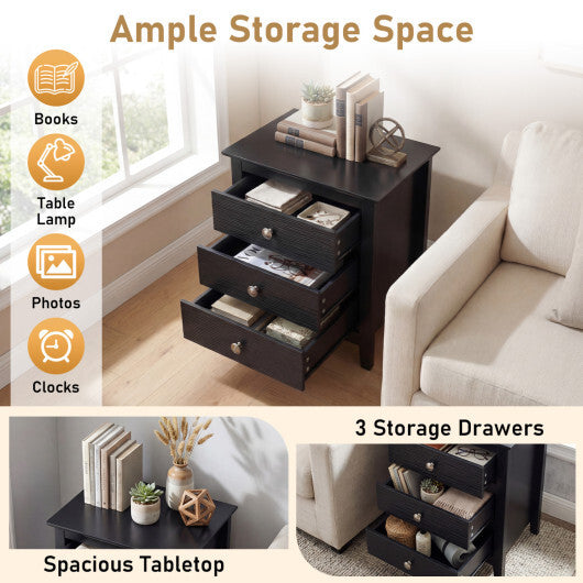 Modern Farmhouse 3-Drawer Night Stand with Wood Grain Accents for Bedroom-Black W2B