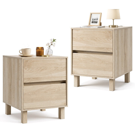 Set of 2 Modern Wooden End Table with 2 Storage Drawers-Natural W2B
