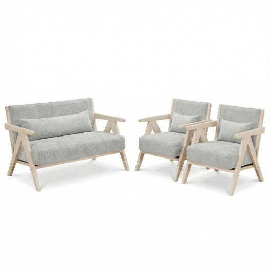 3 Pieces Living Room Furniture Set with Rubber Wood Frame-Gray W2B