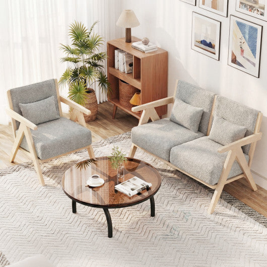 3 Pieces Living Room Furniture Set with Rubber Wood Frame-Gray W2B