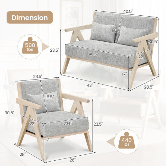 3 Pieces Living Room Furniture Set with Rubber Wood Frame-Gray W2B