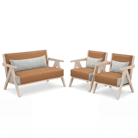 3 Pieces Living Room Furniture Set with Rubber Wood Frame-Gray W2B