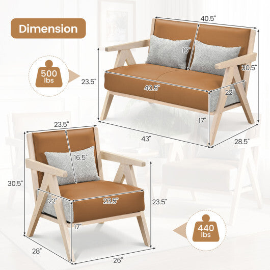 3 Pieces Living Room Furniture Set with Rubber Wood Frame-Gray W2B