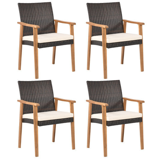 PE Rattan Outdoor Patio Dining Chair Set of 4 with Removable Cushion and Acacia Wood Armrests-White