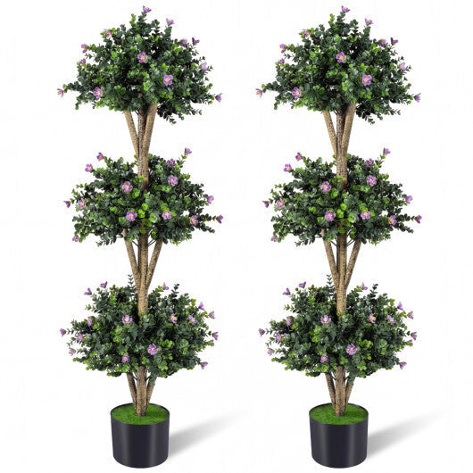 51" Artificial Triple Ball Boxwood Topiary Tree with 59 Blossoms Set of 2-Purple W2B