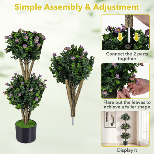 51" Artificial Triple Ball Boxwood Topiary Tree with 59 Blossoms Set of 2-Purple W2B
