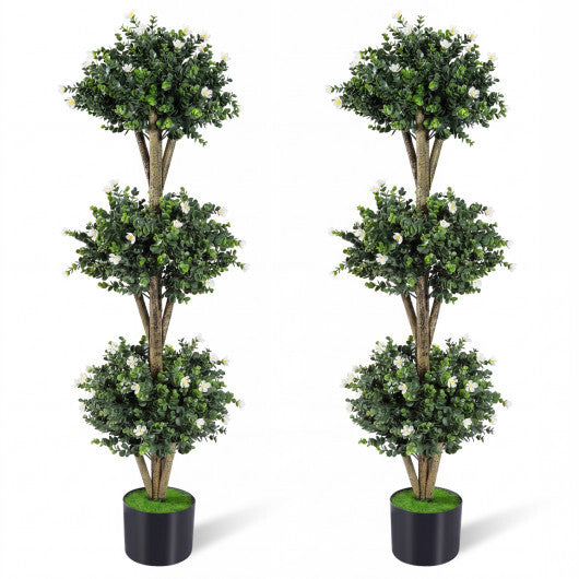 51" Artificial Triple Ball Boxwood Topiary Tree with 59 Blossoms Set of 2-Purple W2B