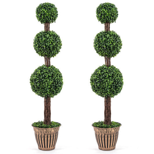 4 FT Artificial Triple Ball Boxwood Tree with Cement-filled Retro Planter Set of 2-Green W2B