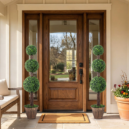 4 FT Artificial Triple Ball Boxwood Tree with Cement-filled Retro Planter Set of 2-Green W2B
