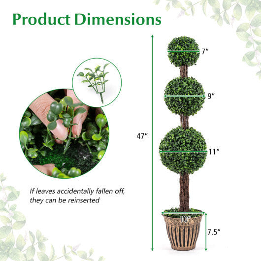 4 FT Artificial Triple Ball Boxwood Tree with Cement-filled Retro Planter Set of 2-Green W2B