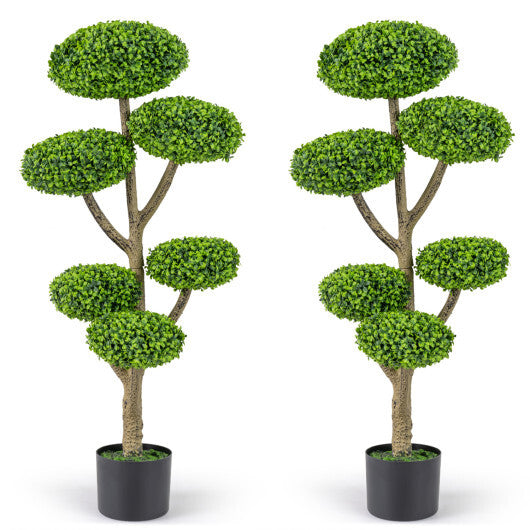 Set of 2 Indoor Outdoor 6 Balls Topiary Tree with Realistic Trunk and Weighted Cement-Filled Base W2B