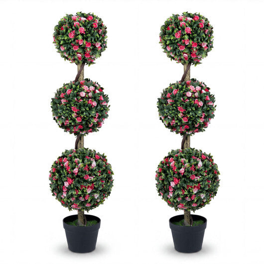 Set of 2 43.5" Artificial Triple Ball Rose Topiary Tree with Lifelike Blooms and Green Leaves W2B