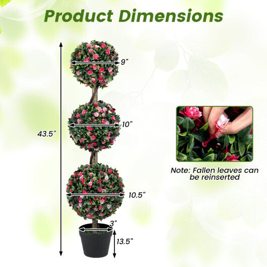 Set of 2 43.5" Artificial Triple Ball Rose Topiary Tree with Lifelike Blooms and Green Leaves W2B