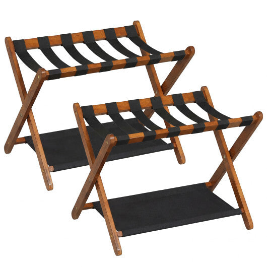 Solid Rubberwood Folding Luggage Rack with Nylon Shelves Set of 2-Brown W2B