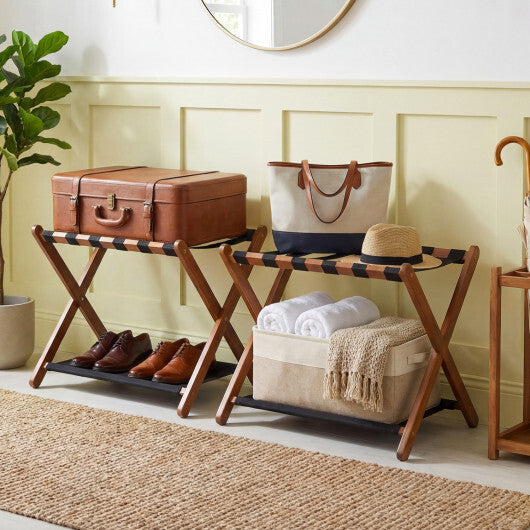 Solid Rubberwood Folding Luggage Rack with Nylon Shelves Set of 2-Brown W2B