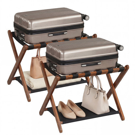 Solid Rubberwood Folding Luggage Rack with Nylon Shelves Set of 2-Brown W2B
