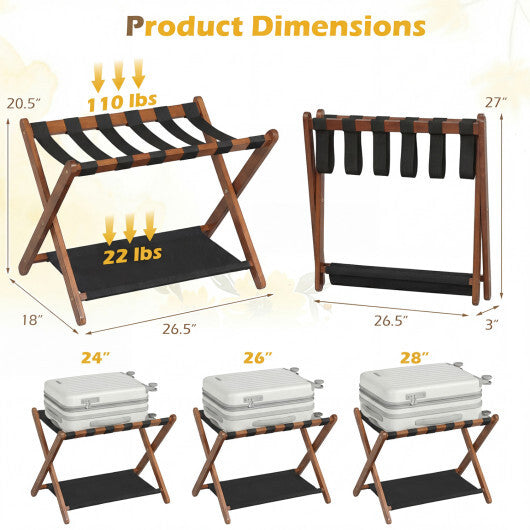Solid Rubberwood Folding Luggage Rack with Nylon Shelves Set of 2-Brown W2B